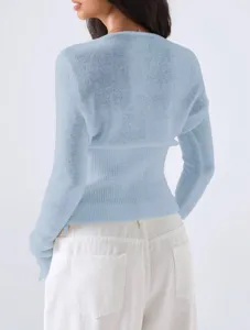 Back detail view of the light blue knit long-sleeve top, showing slim fit and back design.