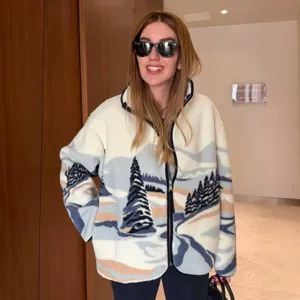 Women's Fashion Faux Lamb Wool Jacket Zip Up Printed Cardigan Loose Fit Standing Collar Outerwear Autumn Winter Warm Coat