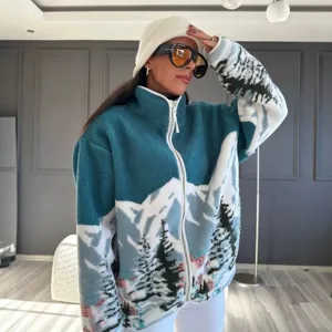 Women winter fleece jacket casual loose mountain print zip up cardigan outerwear top