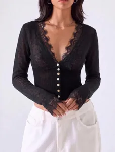 Women black V-neck knitted cardigan long sleeve lace trim top elegant slim fit casual wear