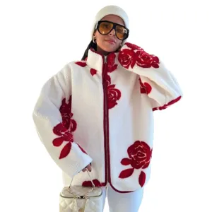 Women winter white sherpa fleece zip up jacket with red rose print casual outerwear main view