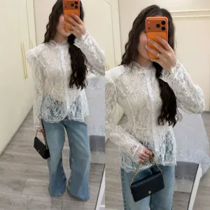 Women White Lace Long Sleeve Blouse Vintage Stand Collar Slim Fit Fall Casual Top