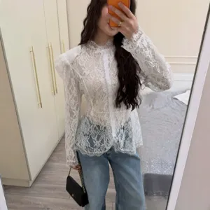 White lace long sleeve blouse for women, elegant slim fit shirt with stand collar top.