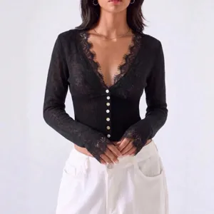 Black V-neck lace trim knit cardigan top for women, long sleeve slim fit stylish daily wear