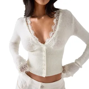 Chic white v-neck lace trim knitted cardigan for women, elegant long sleeve button-up top.
