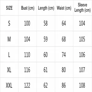 Detailed size chart showing measurements for bust, length, waist, and pants for clothing.