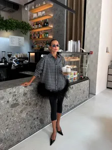 Women's gray plaid long sleeve loose shirt with black feather fringe hem casual top