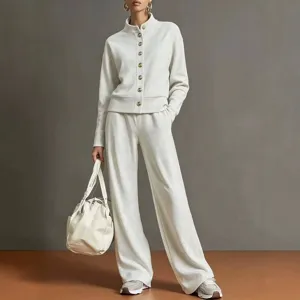Minimalist solid stand collar cardigan sweater and wide leg pants set detail view