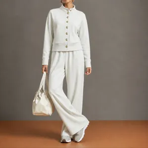 Detailed view of the casual stand-up collar cardigan and wide-leg pants set in neutral tone.