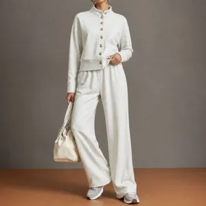 Women solid color stand collar cardigan sweatshirt and wide leg pants casual lounge set.