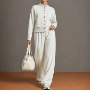 Women solid stand collar button cardigan sweatshirt wide leg pants lounge set chic white
