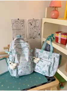 College bamboo print backpack and tote bag set, stylish campus double shoulder computer bag.