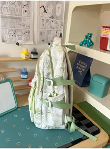 Green bamboo leaf print college backpack large capacity stylish campus school bag for women