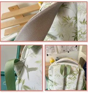 Chic new chinese style printed backpack detail showing breathable mesh strap and bamboo pattern.