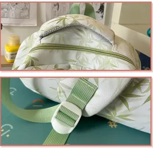 New Chinese style bamboo leaf print student backpack detail, large capacity casual daypack.
