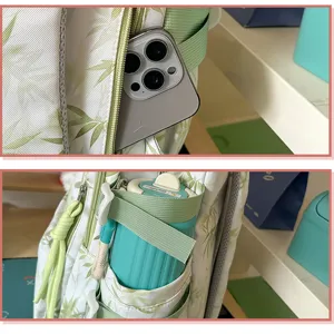 Detailed view of the stylish printed casual backpack with convenient side and front pocket storage.