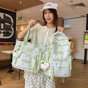 Women New Chinese Style Bamboo Leaf Printed Backpack Large Capacity Nylon Laptop School Bag For College Students Casual Backpack