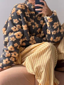 Fuzzy fleece sherpa zip-up jacket floral print detail casual cozy winter outerwear top