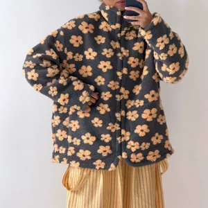 Women Faux Lamb Wool Floral Print Jacket Casual Loose Stand Collar Zipper Coat Warm Autumn Winter Outerwear