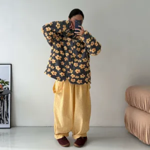 Women Fleece Zip Up Jacket Daisy Print Casual Loose Sherpa Winter Outerwear Coat