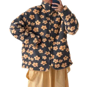 Women's floral fleece zip-up jacket, cozy casual oversized outerwear with stylish pattern.
