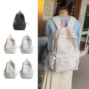 Starry canvas backpack for students, casual daypack with cute pendant and side drawstrings