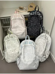 Detailed view of trendy Korean style star pattern canvas backpacks in multiple colors for students.