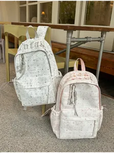 Korean style canvas backpack with star print and gothic lettering, large capacity school bag.