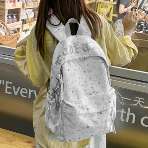 Korean Ins Star Print Backpack For Women Gothic Letter Large Capacity Nylon School Bag Sweet Travel Backpack With Pendant