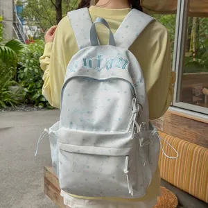 Korean style ins star print backpack for women casual travel school book bag light blue chic