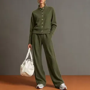Chic olive green stand collar cardigan paired with wide leg trousers tracksuit set.