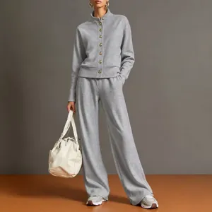 Detail display of the solid color stand collar cardigan sweatshirt and wide-leg pants set.