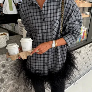 Women grey plaid long sleeve shirt with black feather fringe hem casual streetwear top.