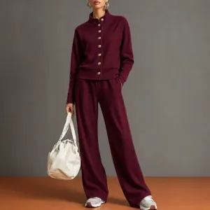 womens solid stand collar cardigan sweatshirt and wide leg pants set casual two piece outfit