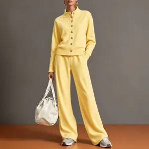 Solid color stand-up collar cardigan sweatshirt and wide-leg pants set for stylish women.
