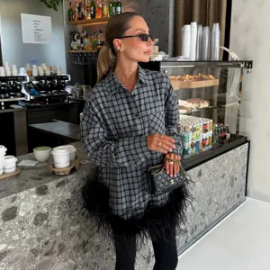 Women autumn fashion grey plaid long sleeve shirt with black feather fringe hem casual top
