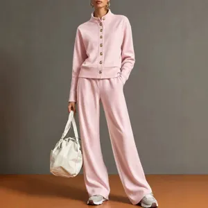 Chic pink stand collar cardigan and wide leg pants two piece track suit for women casual outfit