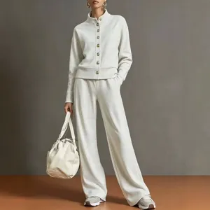 Women Solid Color Stand Collar Cardigan Sweatshirt Wide Leg Pants Top And Bottom Casual Loose Knitted Long Sleeve Lounge Wear
