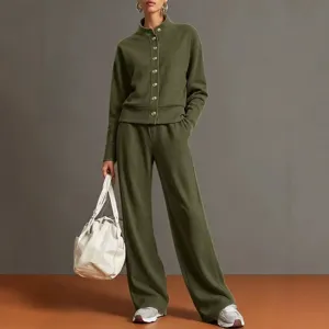 Women solid color stand collar cardigan sweatshirt and wide leg pants set casual tracksuit.