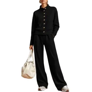 Women solid stand collar cardigan sweatshirt and wide leg pants tracksuit set main view