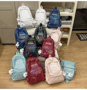 Holographic sequin school backpack for teen girls, cute casual daypack with fluffy bear pendant