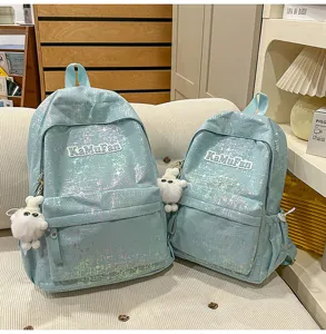 Korean style shiny casual backpack set for students, fashionable cute school bag with pendant.