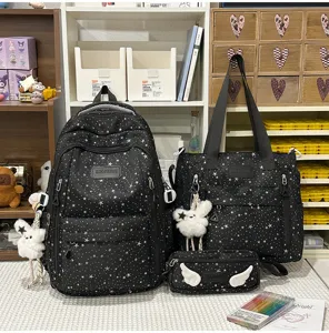 Schwarzer Sternen-Druck Schultasche 3-teiliges Set Rucksack Tragetasche Federmäppchen leicht