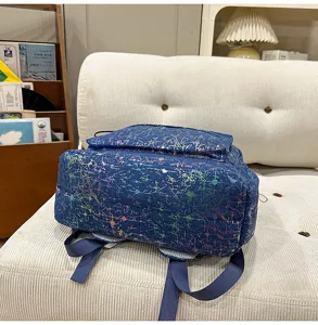 Detail view of the stylish Korean style blue printed school backpack for daily commute and students.
