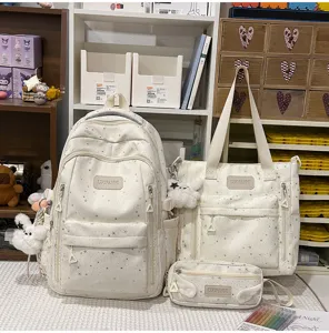 Milchweißer Rucksack Shopper Federmäppchen mit Sternenmuster Schulset für Damen