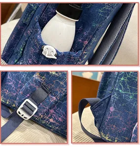 Detail view of the stylish blue splatter pattern casual backpack for daily commute and school.