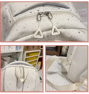 Detailansicht des cremeweißen Sternchen-Schulrucksacks mit Fokus auf Reißverschluss und Träger.
