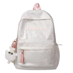Korean style holographic white school backpack with cute plush pendant for student daily use