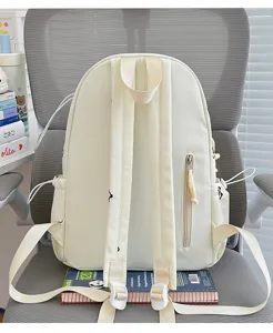 Cute cream white casual backpack for women, sweet bear print school bag for daily travel.