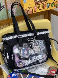 Japanese lace transparent ita bag black shoulder tote bag with clear window and pearl bow